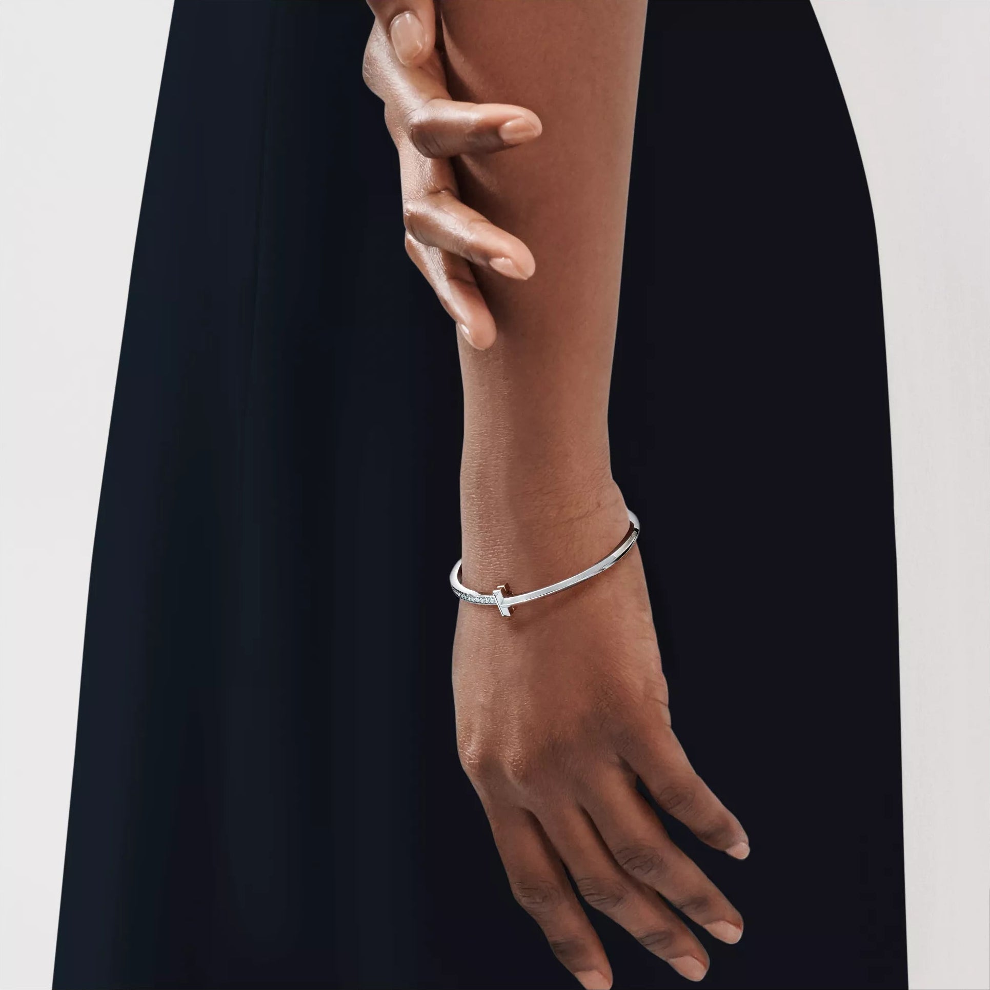 AV T Bracelet - T1 Narrow Half Pavé Bangle in White Gold