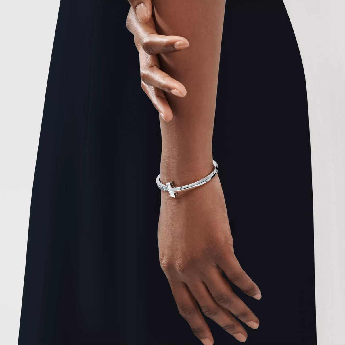 AV T Bracelet - T1 Wide Half Pavé Bangle White Gold