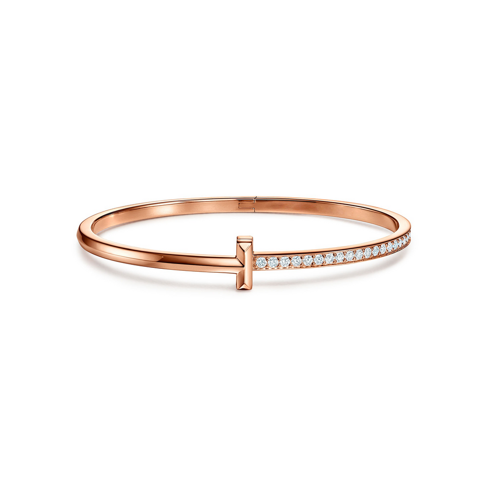 AV T Bracelet - T1 Narrow Half Pavé Bangle in Rose Gold