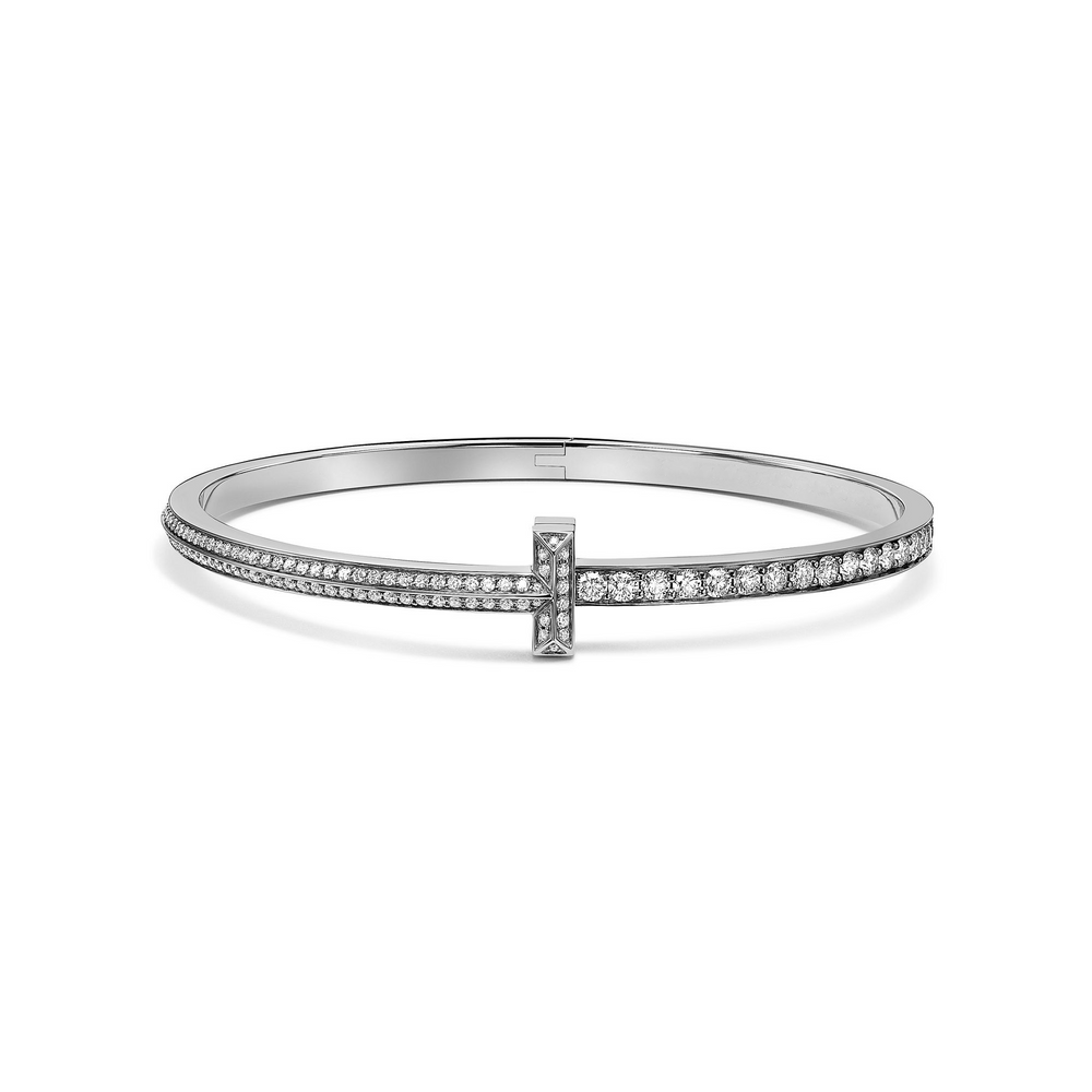 AV T Bracelet - T1 Narrow Pavé Diamond Hinged Bangle in White Gold