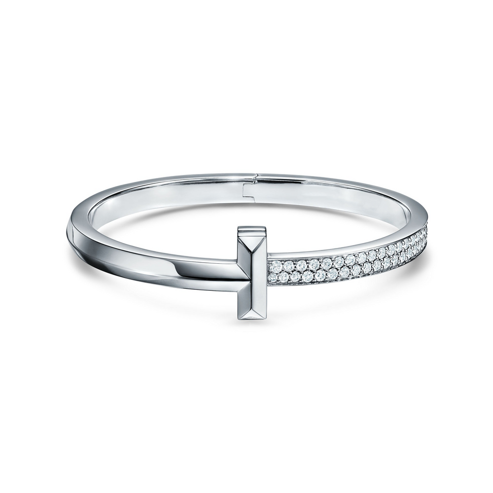 AV T Bracelet - T1 Wide Half Pavé Bangle White Gold
